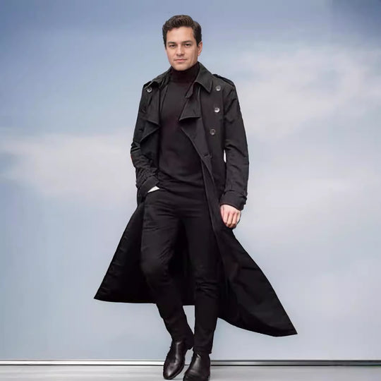 Herren eleganter Trenchcoat mit taillierbarem Gürtel und klassischen Details EB