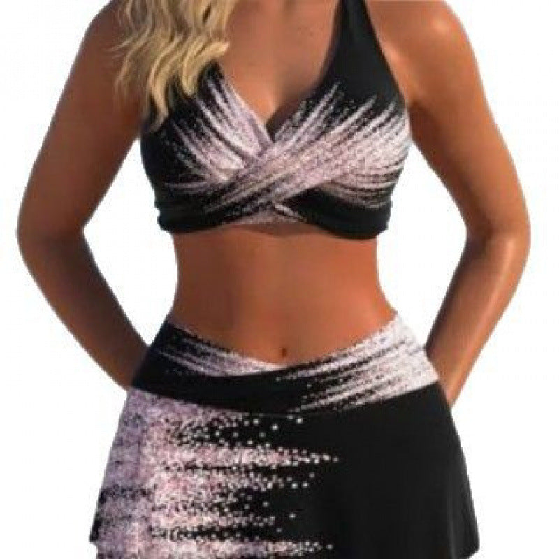 Damen Sport-Bikini-Set mit hochgeschlossenem Oberteil und schwingendem Rock EB