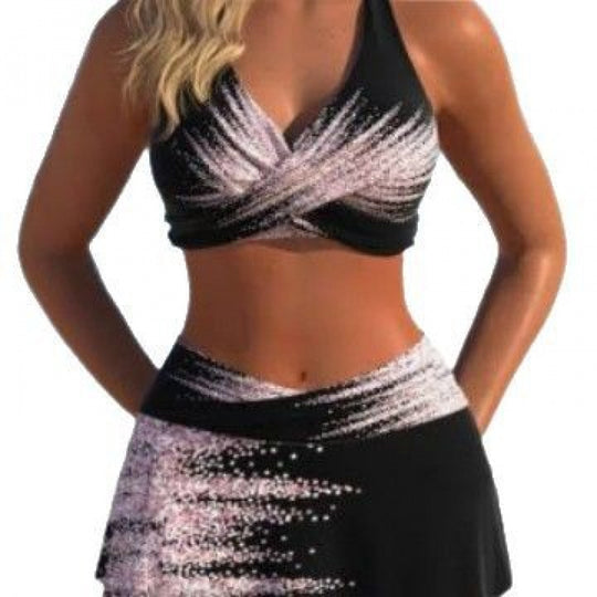 Damen Sport-Bikini-Set mit hochgeschlossenem Oberteil und schwingendem Rock EB