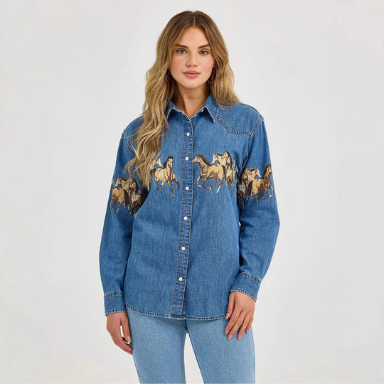 Damen Jeanshemd mit kreativem Pferdemotiv und hochwertiger Baumwollmischung EB
