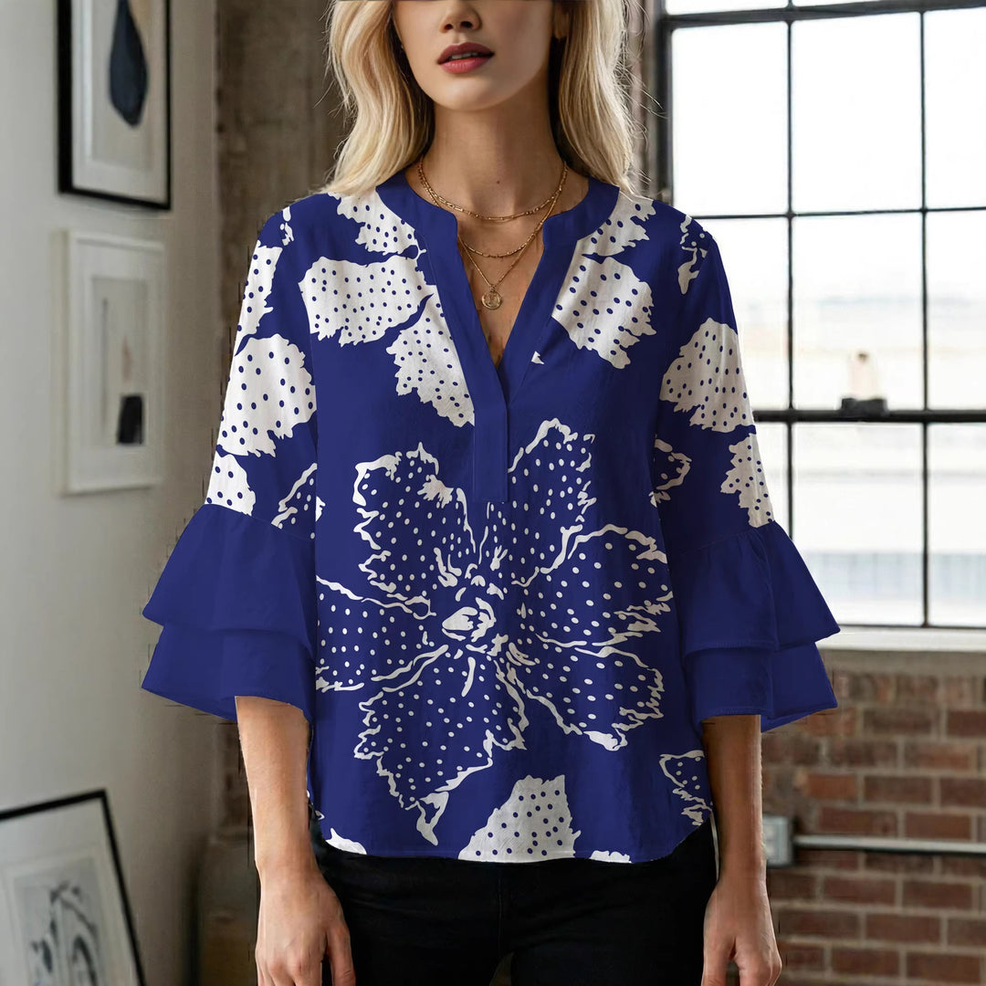 Damen elegantes Blusenshirt mit voluminösen Rüsenärmeln und grafischem Blumendesign EB