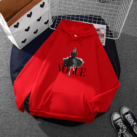 Damen nan modischer Kapuzenpullover mit Fashion-Illustration, geräumiger Eingrifftasche und kuscheligem Fleece EB
