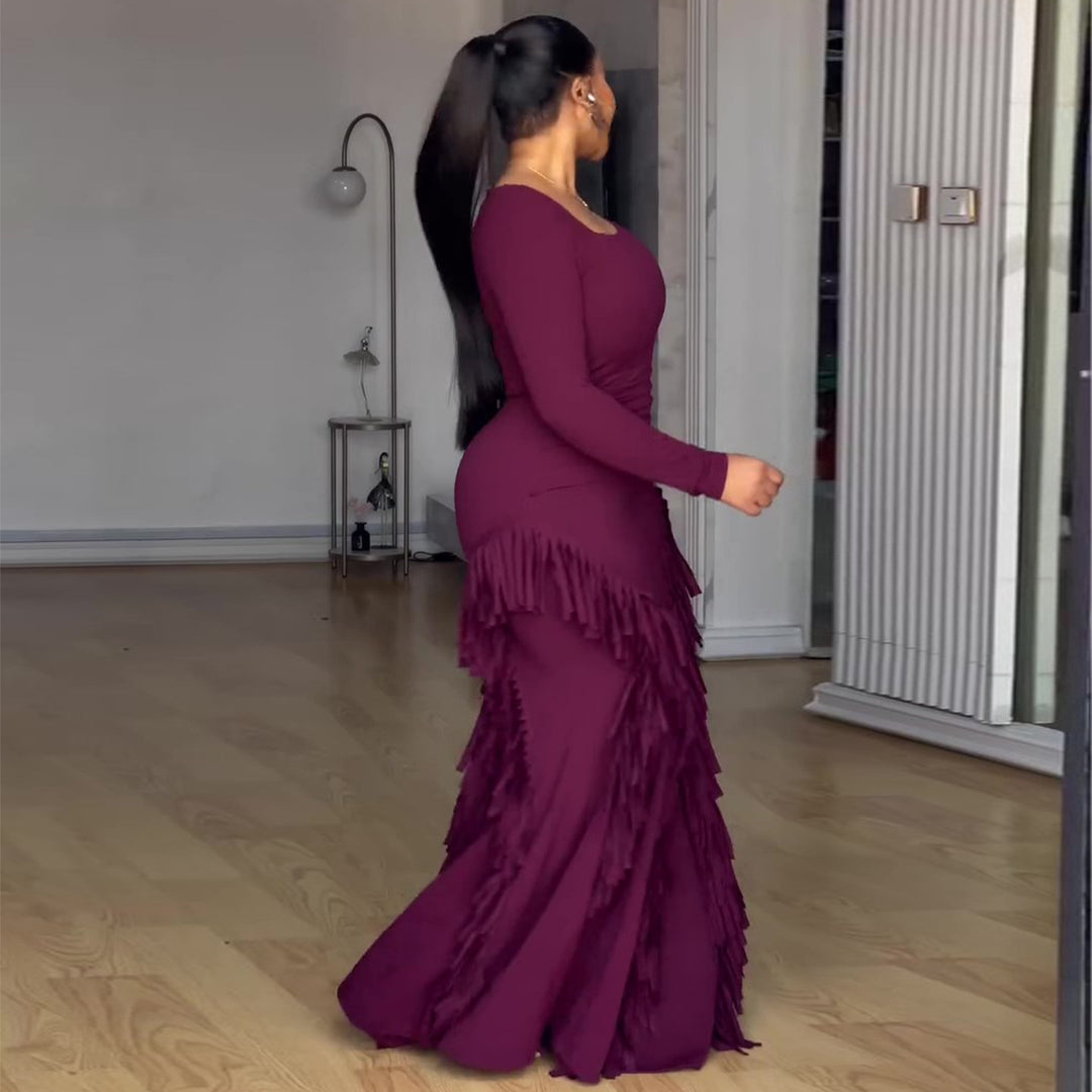 Damen Langarm Maxikleid mit voluminösen Fransen und figurbetontem Schnitt EB