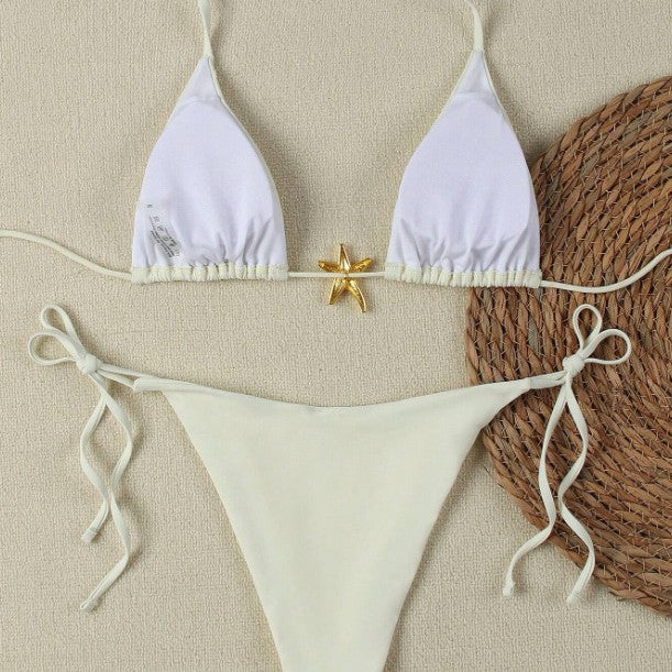 Damen Triangel-Bikini-Set mit verstellbaren Trägern und dekorativem Schmuckelement EB