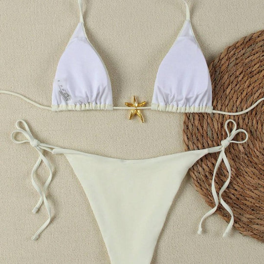 Damen Triangel-Bikini-Set mit verstellbaren Trägern und dekorativem Schmuckelement EB