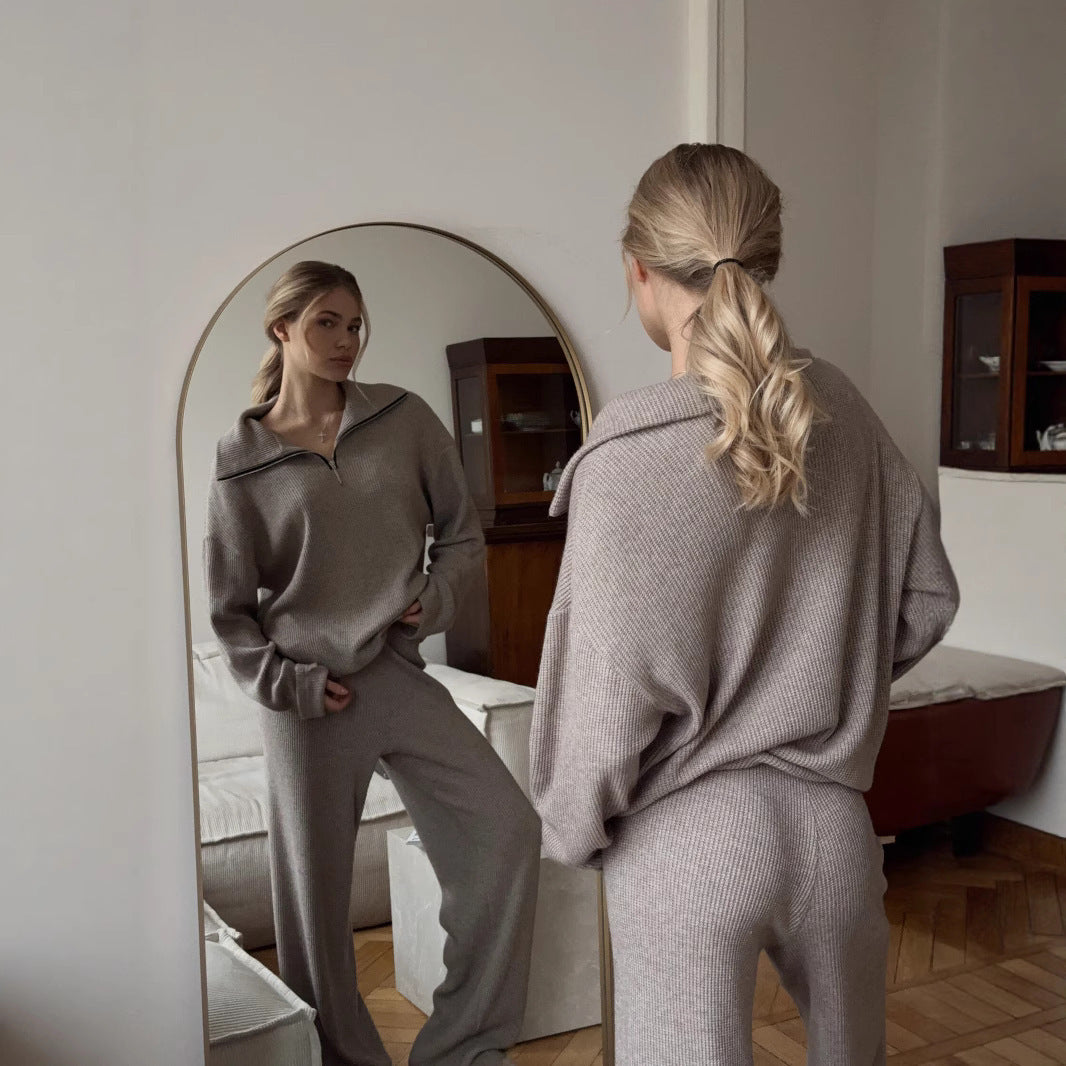 Damen Oversize Strick-Lounge-Set mit halbem Reißverschluss und weitem Bein EB
