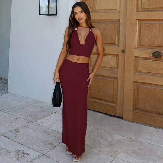 Damen Elegantes Zwei-Teiliges Set aus Crop-Top und Maxirock EB