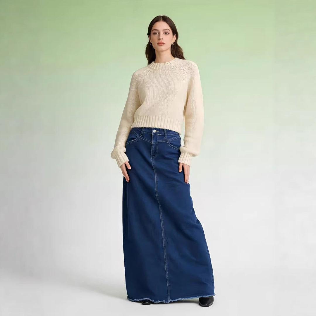 Damen nan langer High-Waist Denim-Maxirock mit gerader Silhouette und rohem Saum EB