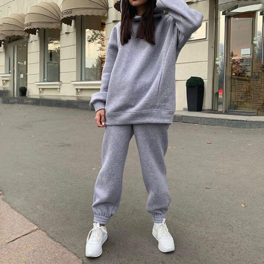 Damen Oversize-Kapuzen-Sweatshirt und Jogginghose Set mit Fleece-Innenseite und elastischen Bündchen EB