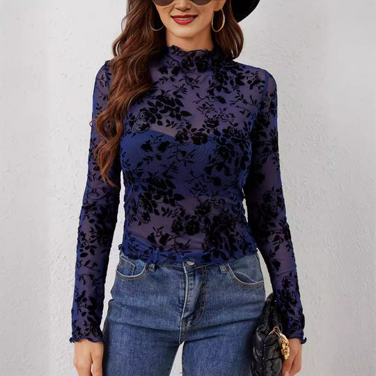 Damen nan transparentes Netzoberteil mit samtigem Floraldruck und Stehkragen EB