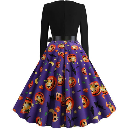 Damen Vintage Swingkleid mit Halloween-Kürbisprint und tailliertem Satinschärpenbund EB
