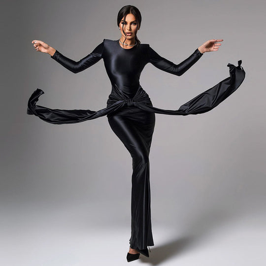 Damen Elegantes Longdress mit figurbetontem Schnitt und Schleifenakzent EB