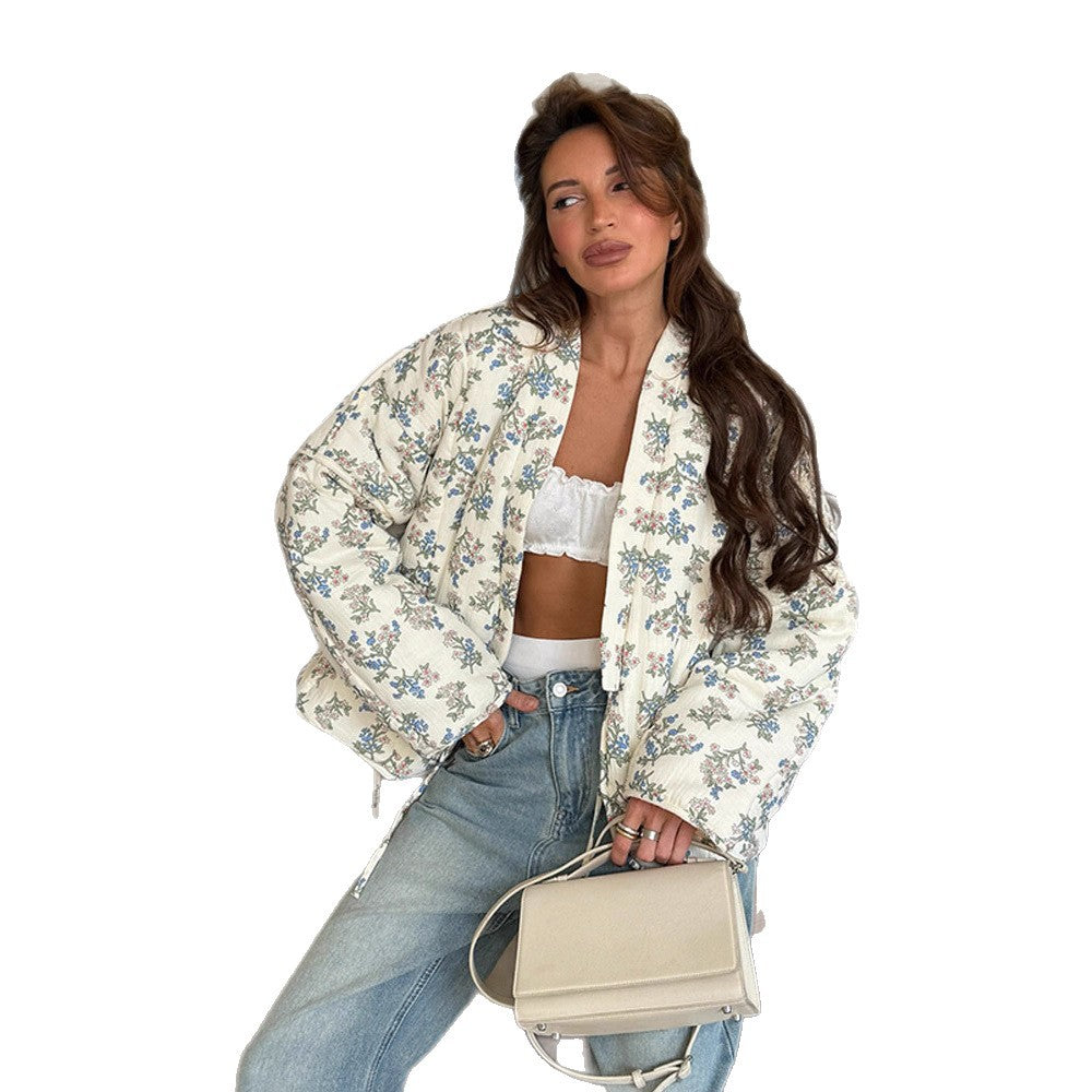 Damen gestepptes Jacquard-Cardigan mit floralem Muster EB