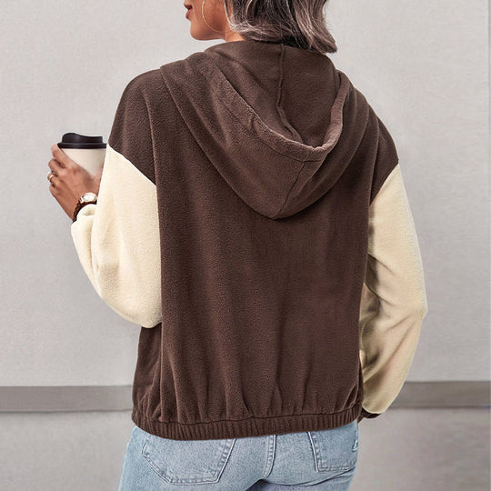 Damen Colorblock-Fleecejacke mit Kapuze, Reißverschluss und Kängurutaschen EB