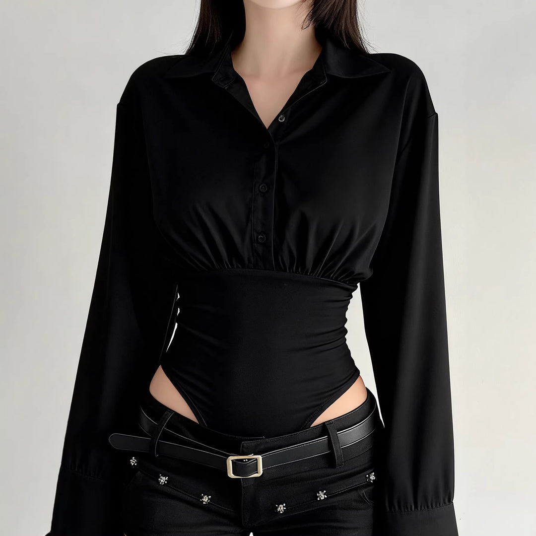 Damen eleganter Bodysuit mit feinem Kragen und Knopfdetails EB