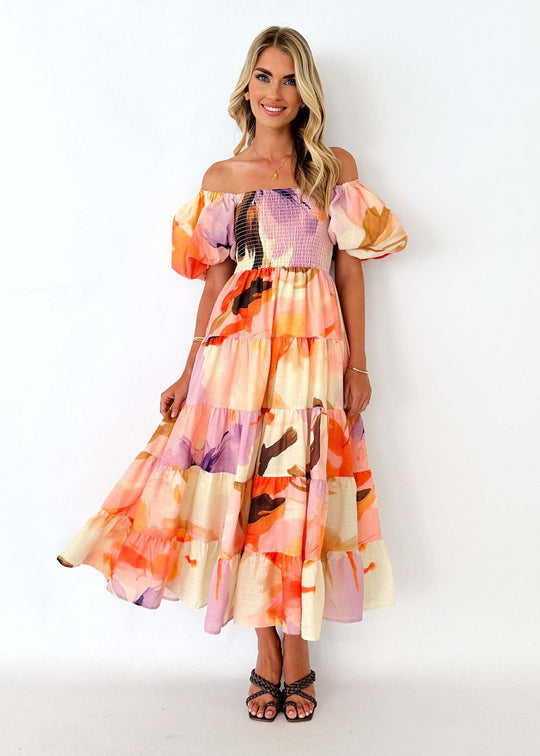 Damen Maxikleid mit Puffärmeln und floralem Smocking EB