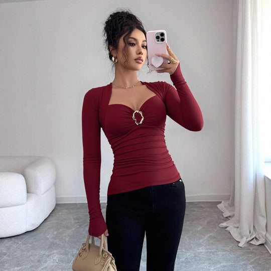 Damen nan figurbetontes Raffung-Top mit herzförmigem Dekolleté, Bustier-Optik und goldener Schmuckklemme EB