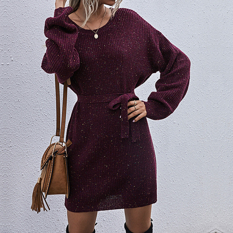 Damen Strickkleid mit lässigem Bindegürtel und langen Ärmeln EB