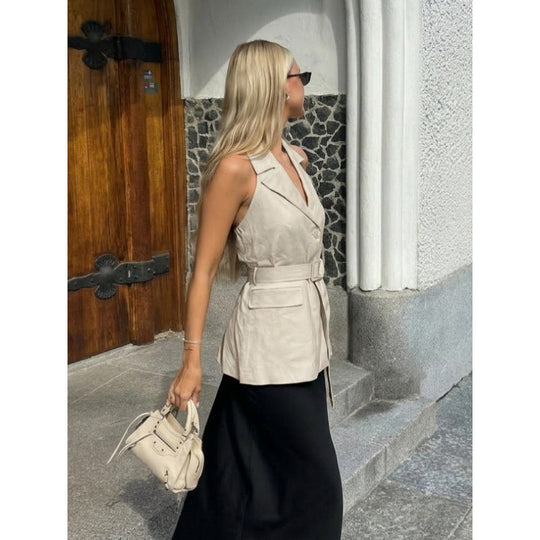 Damen ärmellose Blazer mit Bindegürtel und hoher Taillierung EB