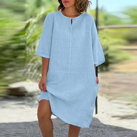 Damen luftig geschnittenes Kleid mit praktischen Taschen und elegantem Ausschnitt EB