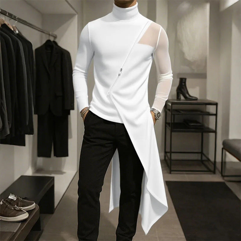 Damen nan avantgardistisches Longshirt mit schrägem Reißverschluss, Stehkragen und unregelmäßigem Zipfelsaum EB