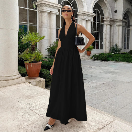Damen Elegantes Maxikleid mit tiefem V-Ausschnitt und fließendem Schnitt EB