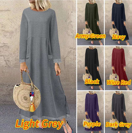 Damen nan Maxikleid mit lockerem A‑Linien Schnitt, Rundhalsausschnitt, aufgesetzten Eingrifftaschen und zierlichem Spitzenbesatz EB