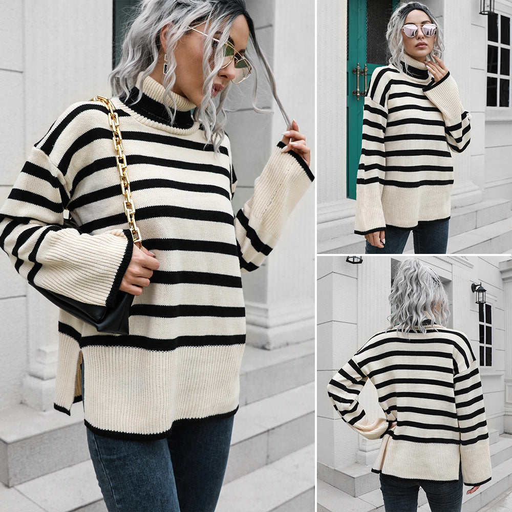 Damen Strickpullover mit hohen Bündchen und lässigem Streifenmuster EB