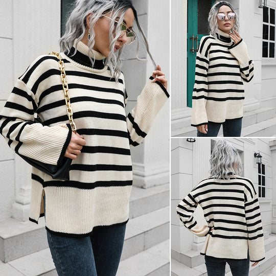 Damen Strickpullover mit hohen Bündchen und lässigem Streifenmuster EB