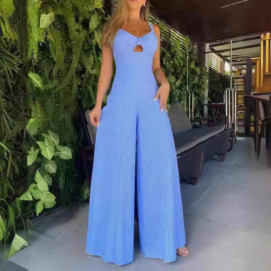 Damen Jumpsuit mit elegantem Schlüssel-Loch-Ausschnitt und weiter Beinweite EB