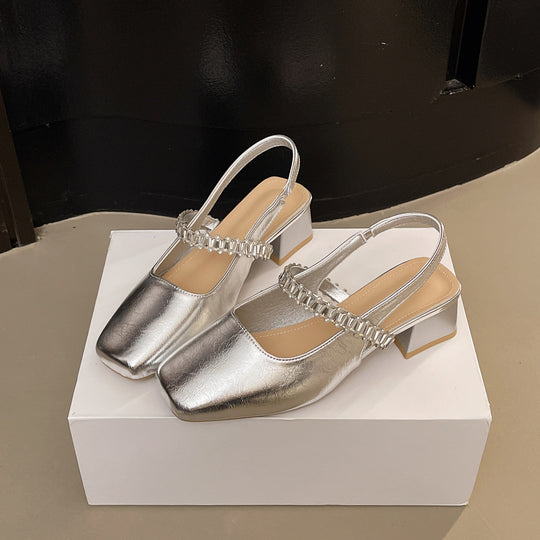 Damen Slingback-Pumps mit modischem Kettenriemen und detaillierter Blockabsatz EB
