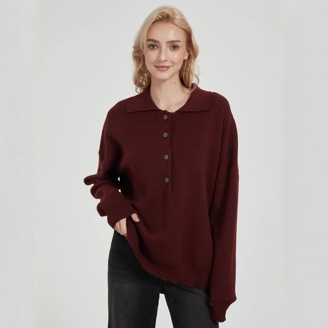 Damen Oversized Strickpullover mit elegantem Kragen und Knopfdetails EB