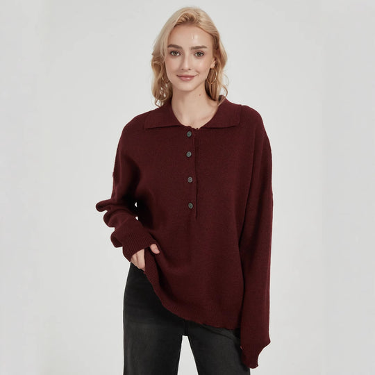Damen Oversized Strickpullover mit elegantem Kragen und Knopfdetails EB