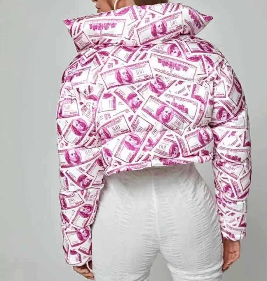 Damen modische cropped Steppjacke im Dollar-Design EB