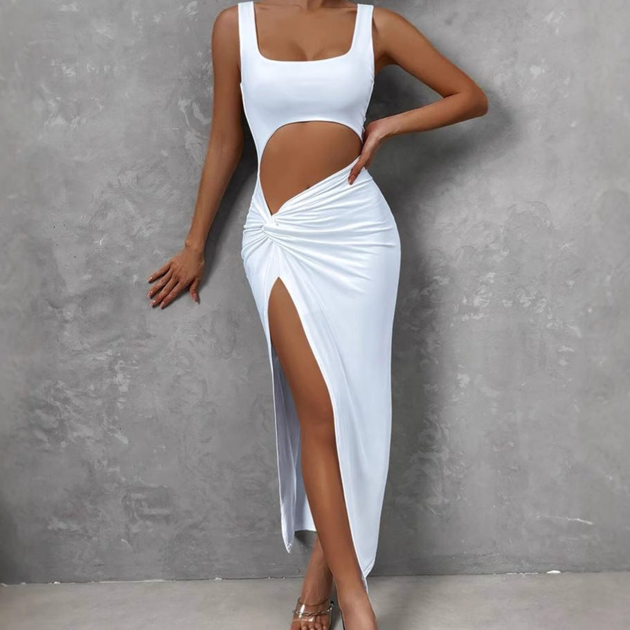 Damen Figurbetontes Cut-Out Maxikleid mit hohem Schlitz und Rüschendetail EB