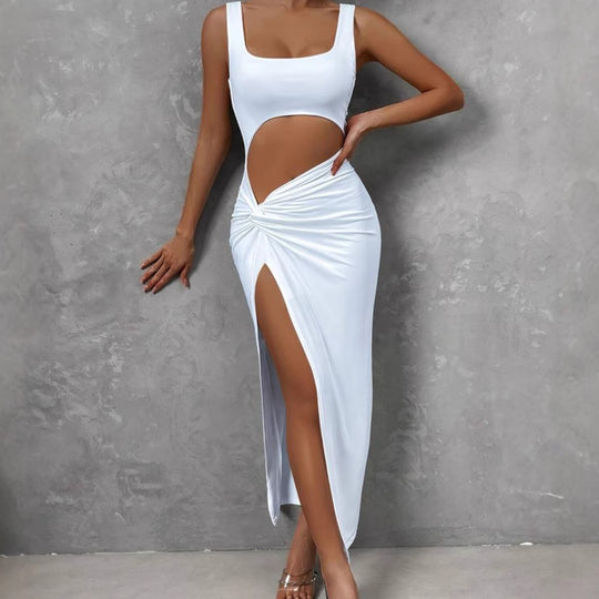 Damen Figurbetontes Cut-Out Maxikleid mit hohem Schlitz und Rüschendetail EB
