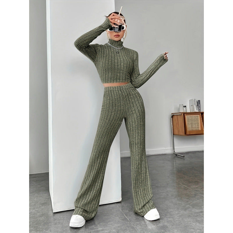 Damen Zweiteiliges Set mit hochgeschlossenem Pullover und ausgestellter Hose EB