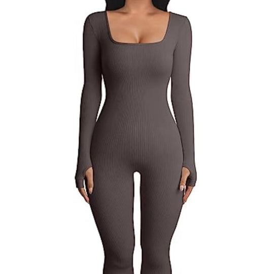 Damen nan figurbetonter gerippter Jumpsuit mit quadratischem Ausschnitt EB