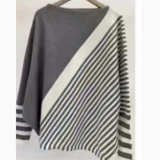 Damen modischer Strickpullover mit asymmetrischem Schnitt und grafischem Streifenmuster EB