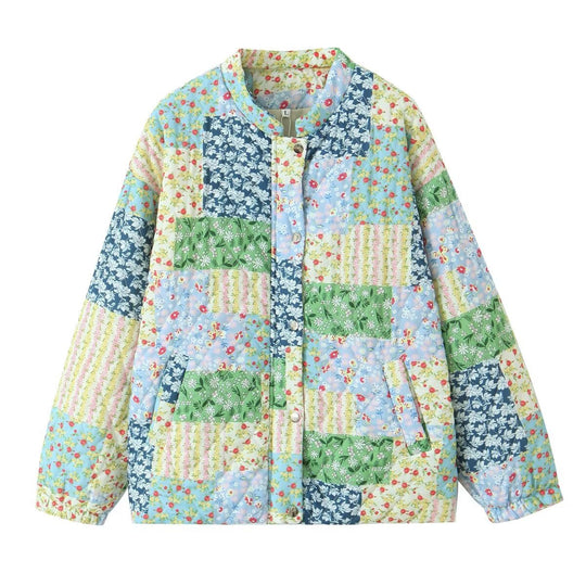 Damen gesteppte Patchwork-Jacke mit bunten Blumenmustern und praktischen Taschen EB