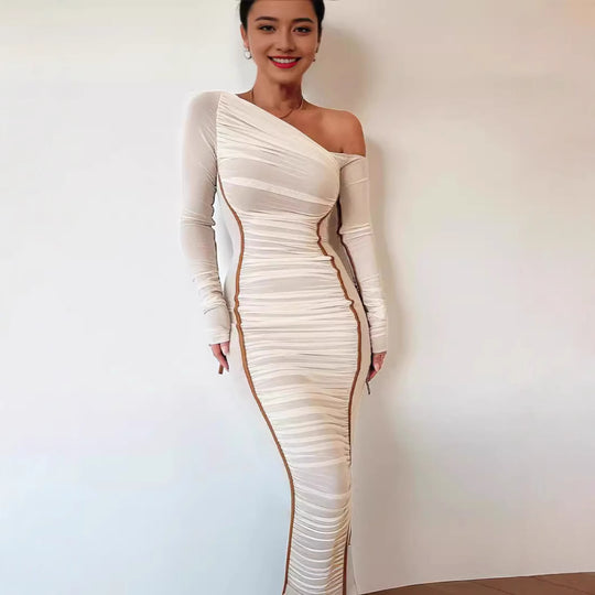 Damen Langarm-Midi-Kleid mit asymmetrischem Schnitt und romantischem Rüschendesign EB