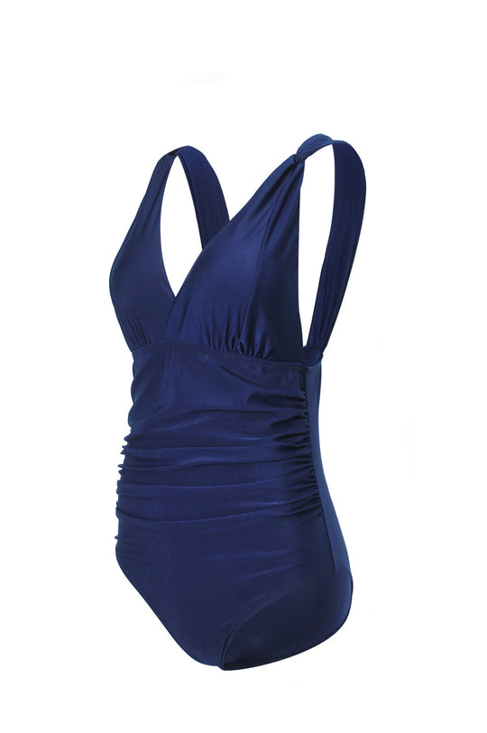 Damen Eleganter Einteiler Badeanzug mit Wickeloptik und Raffung EB