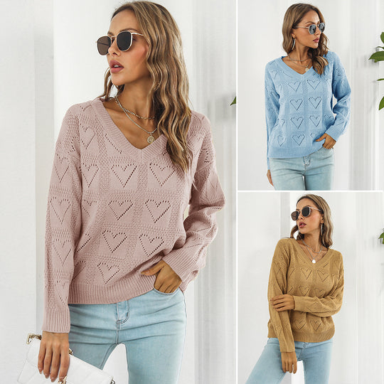 Damen modischer Strickpullover mit Herzmuster und V-Ausschnitt EB
