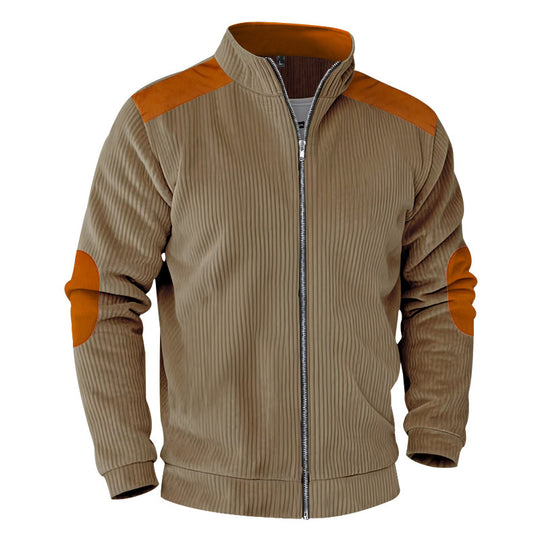 Herren nan gerippte Stehkragen-Sweatjacke mit durchgehendem Reißverschluss, Schulter- und Ellbogen-Patches EB