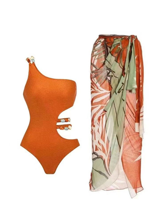 Damen Einteiler Badeanzug mit asymmetrischem Schnitt und floralem Wickelrock EB