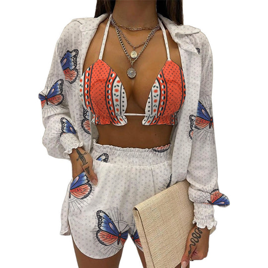 Damen modisches Strand-Ensemble mit luftiger Bluse und Bikini-Set EB