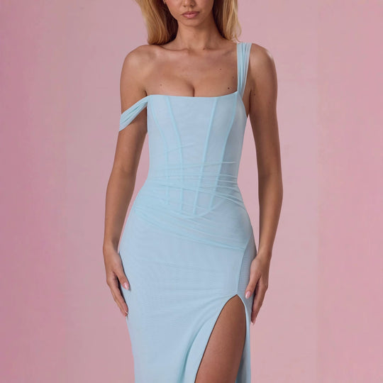 Damen Elegantes Maxikleid mit tiefem Schlitz und Rüschendetails EB
