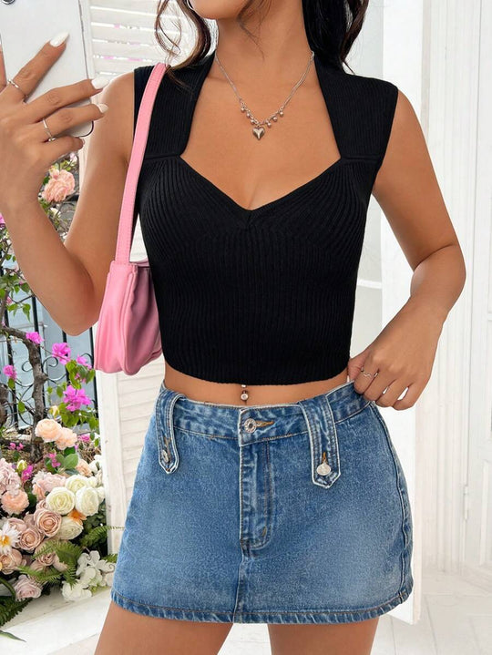 Damen figurbetontes Ripp-Crop-Top mit V-Ausschnitt und breiten Trägern EB