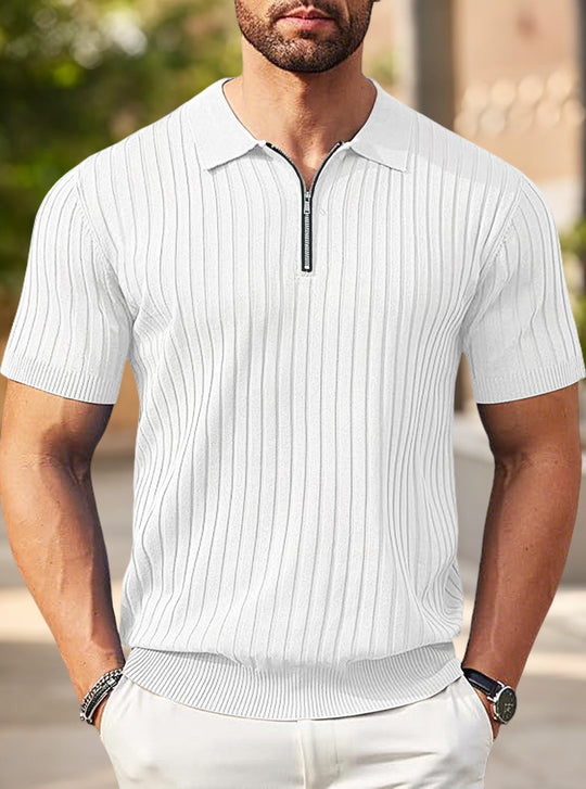 Herren nan elegantes strukturiertes Kurzarm-Strickpolo mit kurzem Metallreißverschluss und Hemdkragen EB