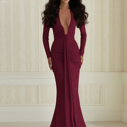 Damen langes Wickelkleid mit raffinierten Drapierungen und elegantem V-Ausschnitt EB